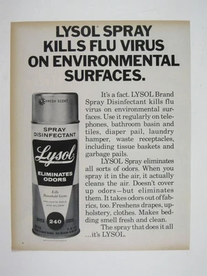 Desinfectante en aerosol Lysol vintage 1971 anuncio mata superficies ambientales virus gripe Foto 1 de 2