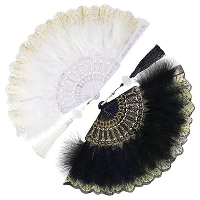 2 Piezas Pluma Abanico Bordado Flor Marabú Años 20 Pluma Blanco, Negro Foto 1 de 4