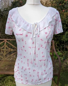 Vintage Ghost White Pink Peace & Love Blouse Frill Neckline 80s Floral Top 10-14 - Picture 1 of 12