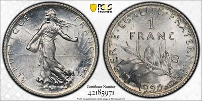 FRANCE (Republic) Silver 1 Franc 1920 PCGS MS64 'Sower' - Image 1 of 2
