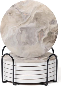 Set of 6 Abstract Marble Coasters with Holder, Absorbent Ceramic Coasters for Dr - Picture 1 of 12