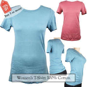 Women's 100% Cotton Basic Plain Crew Neck Tee T-shirt Soft Stretch Short Sleeve - Picture 1 of 10