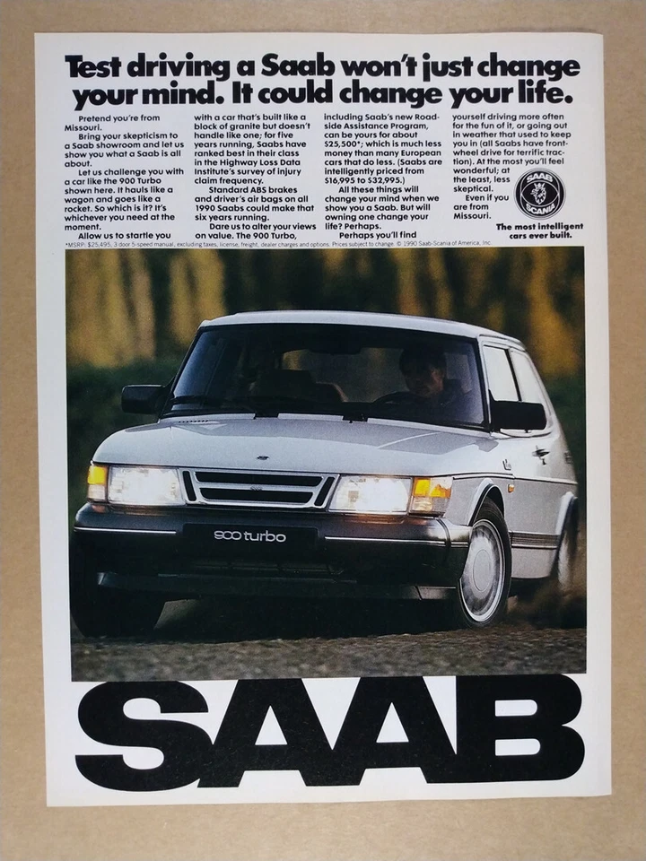 1990 Saab 900 Turbo white car photo vintage print Ad - Image 1 of 1