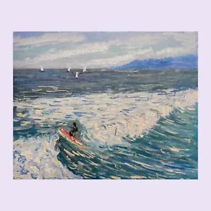 Captivating Oil painting. ORIGINAL. Signed by Artist. Seascape with Surfer. - Picture 1 of 4
