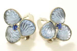 Vintage Art Deco Molded Blue Glass Scallop Clam Shell Rhinestone Flower Earrings