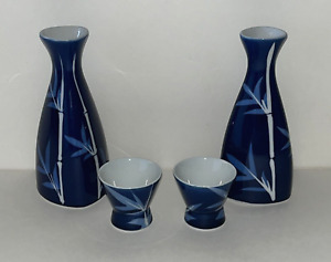 VINTAGE JAPANESE SAKE SET of 4 - 2 Carafes & 2 Cups - Cobalt Blue & Bamboo Leaf