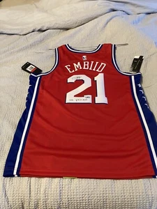 NIKE PHILADELPHIA 76ERS SIXERS JOEL EMBIID SIGNED JERSEY RED L LARGE FANATICS - Picture 1 of 13