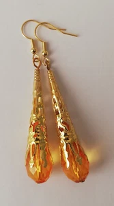 Long Drop / Dangle Earrings - Gold Plated Filigree Icicle Dropper - Orange - Picture 1 of 4