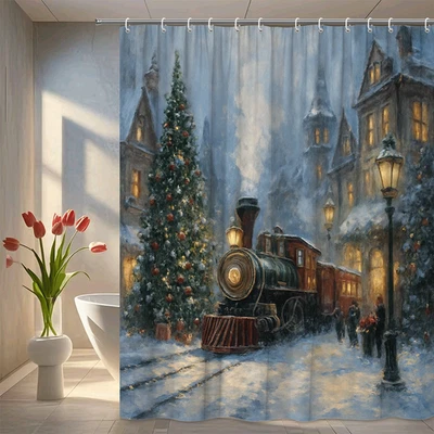 Винтажная занавеска для душа рождественский поезд — праздничный праздничный декор - Изображение 1 из 4