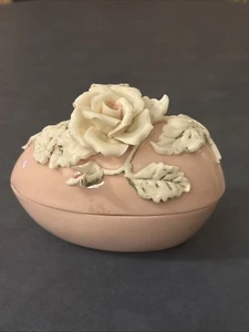 Vintage Porcelain Pink & Ivory Floral Easter Egg Trinket Jewelry Box/Jar Vanity - Picture 1 of 6