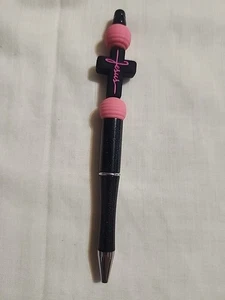 Bead Pen Jesus Black Cross Black Pen Pink Beads Handmade - Picture 1 of 4