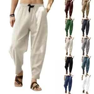 Spring Mens Casual Solid Tapered Trousers Cotton Linen Baggy Loose Pants Beach - Picture 1 of 22