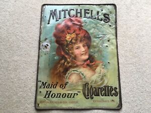 RARE C1890s VINTAGE MITCHELL’S “MAID OF HONOUR” CIGARETTES TIN ADV SIGN