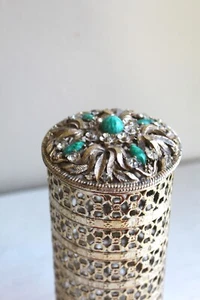 Vintage 60s Hollywood Regency Vanity Bottle Cover Votive Piercing Gold Metal - Bild 1 von 7