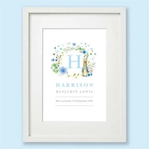 Peter Rabbit Personalised Blue Name Nursery Print Wall Art Gift Baby Boy - Picture 1 of 4