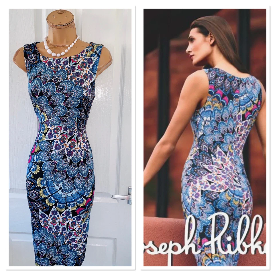 JOSEPH RIBKOFF Blue & Colourful Pecock Sequined Jersey Dress Uk Size 10 - Image 1 of 4