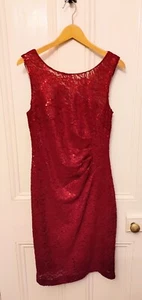 LAURA ASHLEY Red Lace & Sequin Ruched Lined Pencil Party Dress Size 12 - Picture 1 of 10