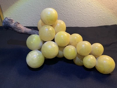 Vtg MCM Italian Alabaster Yellow Stone Grape Cluster w/ Wood Vine Stem 12 In - Image 1 of 4