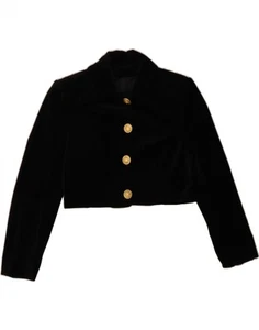 VINTAGE Womens Crop 4 Button Blazer Jacket UK 14 Medium Black Cotton CH10 - Picture 1 of 3