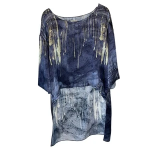 Go by Go Seide Boho Hi Low Deep Blue Abstraktes Design 3/4 Ärmel Quadratisch Schnitt Top M - Bild 1 von 11
