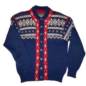 Vintage Woll Strickjacke Nordic Fair Isle Damen mittel rot blau silber Knöpfe - Bild 1 von 6
