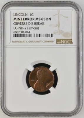 19XX Lincoln Cent NGC MS65BN CUD Obverse Die Break Toned Coin 1C Mint Error - Image 1 of 4