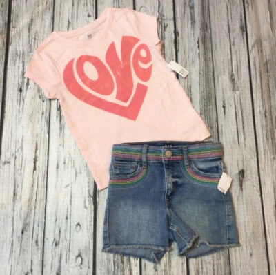Gap Kids Girls Size 5 Heart Love Shirt & Denim Shorts Outfit. Nwt - Image 1 of 4