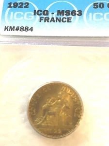 1922 ms63 france 50c km 884 lists $650.00 coin is ms 63 over 100 years old - Picture 1 of 13