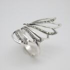 Solid 925 Sterling Silver Set Zircon Big Feather Women's Ring Adjustable 6-9
