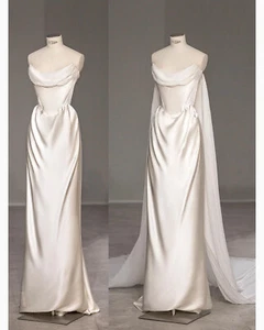 Sheath Simple Wedding Dresses with Cape Silk Satin Strapless Custom Gowns - Picture 1 of 7