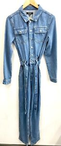 Missguided Blue Denim Long Sleeved Button Up Jumpsuit with Tie Waist Size 8 #30