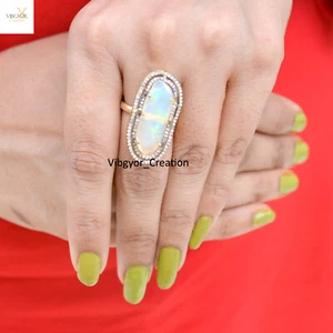 Fire Opal Ring Pave Diamond Jewelry 925 Silver Gold Plated Gemstone Ring For Her - Picture 1 of 6