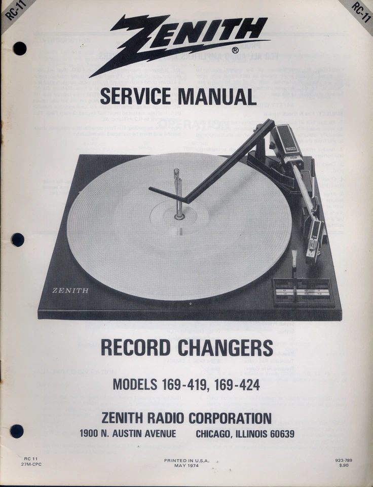 Zenith Service Manual Record Changers Models #169-419 and #169-424 PFAX47 - Image 1 of 1