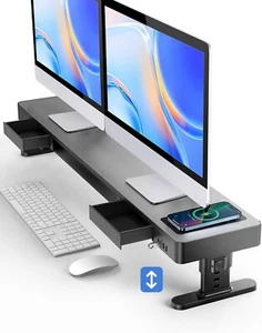 Dual Monitor Stand with 4 Adjustable Heights, Auto Phone Charging Pad, 4 USB Por - Picture 1 of 7
