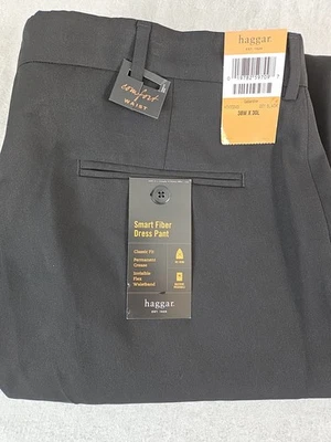Haggar Smart Fiber Dress Pants Black Mens 38x30 Gabardine Flex Waist Comfort NEW - Image 1 of 4