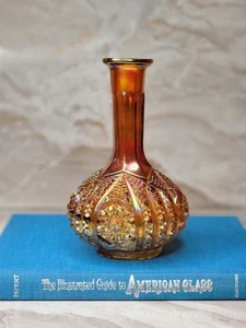 Vintage Carnival Glass Vase - 9" Marigold Amber Iridescent with Geometric - Picture 1 of 8