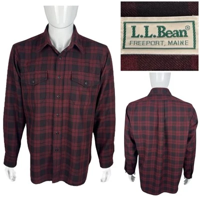 LL Bean Mens Large Shirt Plaid Red Black Made In USA Polyester Vintage EUC - Image 1 of 4