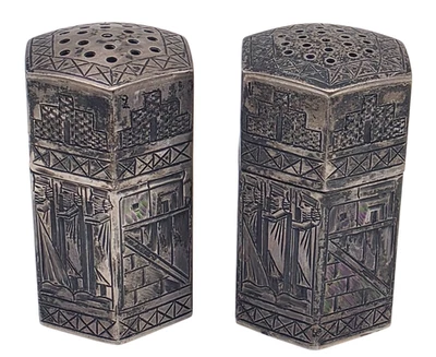 Juego de saleros y pimenteros chinos/persas de plata maciza vintage Foto 1 de 4