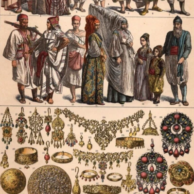 ARABIAN JEWELRY - Jews Costume Arab Gold Children 1884 Antique Chromolithograph - Imagem 1 de 2