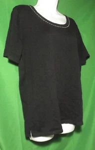 NEW QUACKER FACTORY WOMEN'S BLACK SHORT SLEEVE SEQUIN TRIM COTTON SWEATER L - Picture 1 of 2