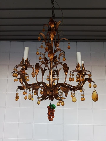 Vintage Gilt Tole Italian Amber Prisms 6 light 21" by 21 good wiring Chandelier Cover