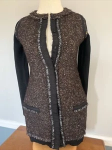 ELIE TAHARI Black Tweed Wool Sweater Animal Print ACCENTS Snap CLOSURE XS - Picture 1 of 14