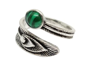 Peacock Ring Feather Malachite Pewter Plume Ring Adjustable Ethnic Ring Gemstone - Picture 1 of 14