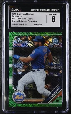 2019 1st Bowman Chrome Green Shimmer Refractor BCP156 Tim Tebow 46/99 CGC 8 - Image 1 of 2