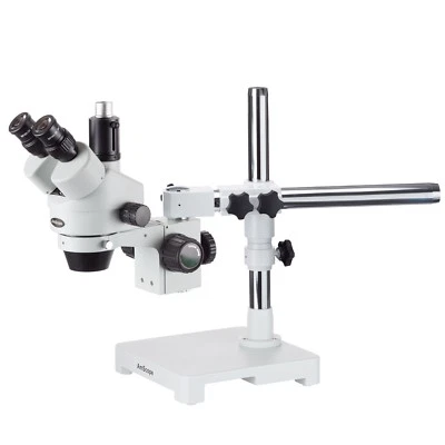 AmScope SM-3T 7X-45X Trinocular Stereo Zoom Microscope on Single Arm Boom Stand - Image 1 of 4