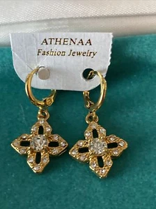 New Yellow Gold Plated Clear Crystal CZ Accent Flower Mini Hoop Dangle Earrings - Picture 1 of 3