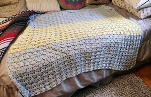Hand Crocheted Baby Blanket Baby Blue Pale Yellow Loose Knit 45×40 - Picture 1 of 5