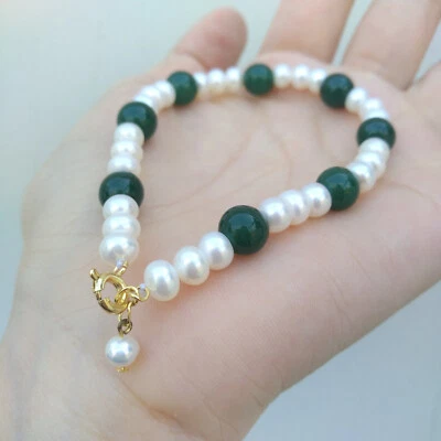 Classic White AAA+ Akoya Pearl +Green Jade Bracelet 7.5-8" 14k Gold P - Image 1 of 4