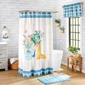 Hello Springtime Holding Flowers Blue Plaid Pattern Bathroom Decor Collection - Picture 1 of 11