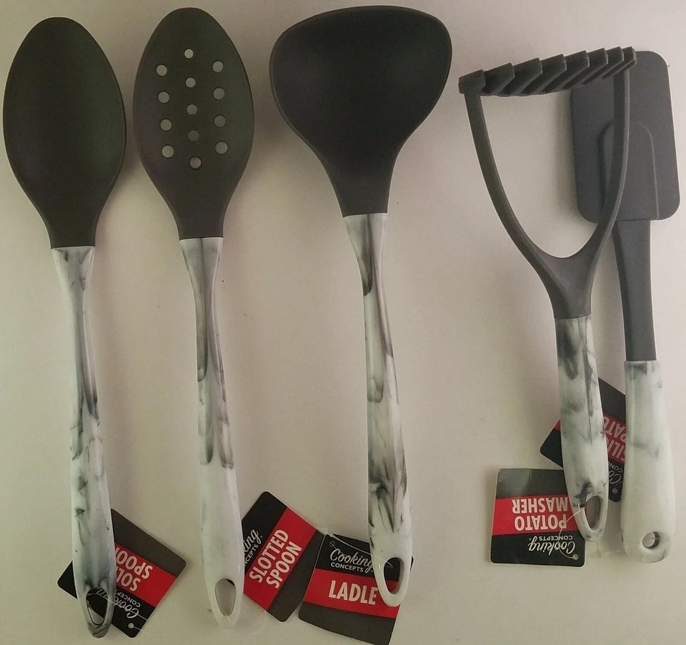 Spoons, Ladle, Potato Masher, Spatula Gray Nylon Marble Handles, Select Untensil - Image 1 of 1